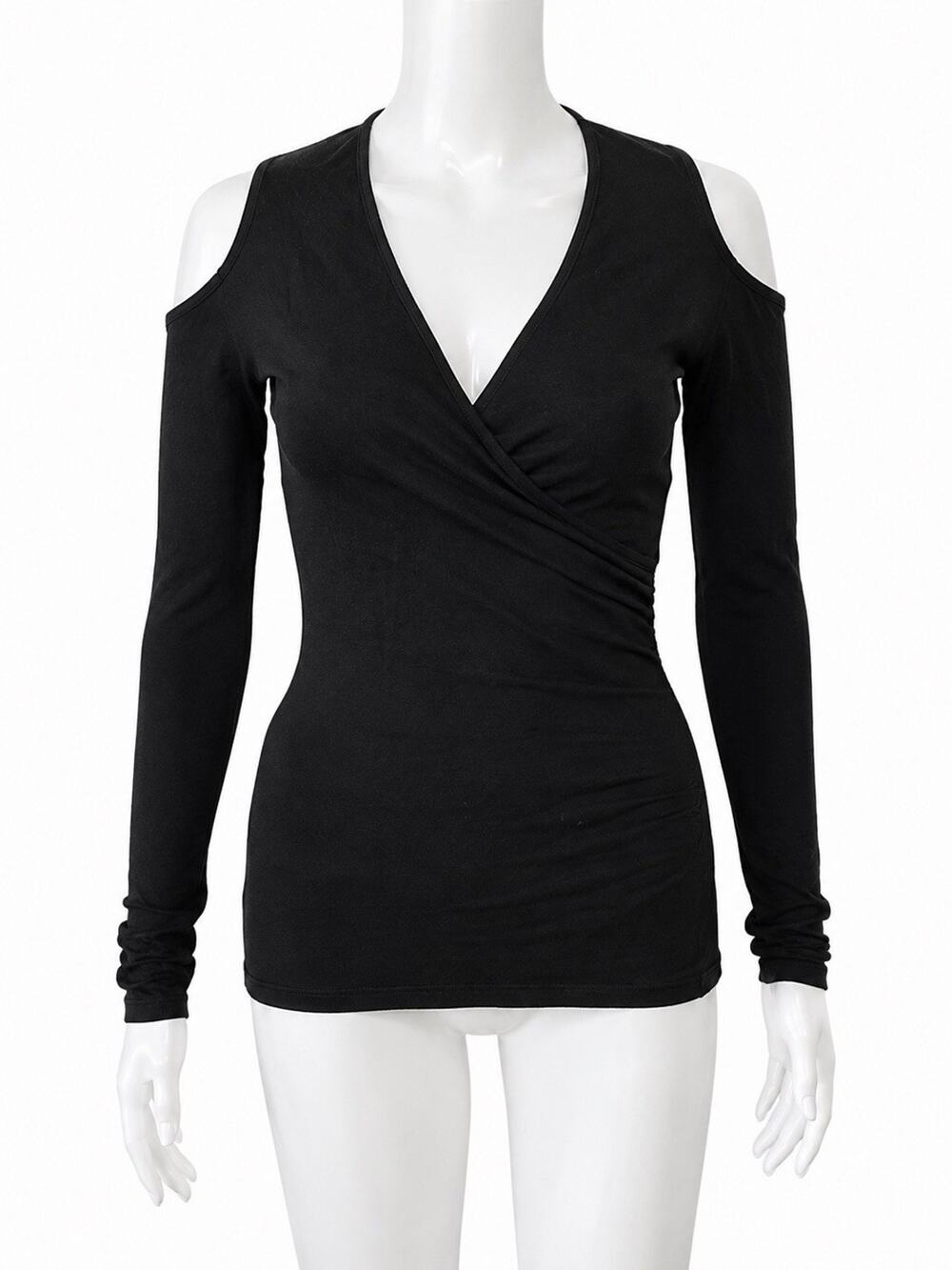 Cache Black Cold Shoulder Wrap Top M Viscose Stretch Surplice Long Sleeve